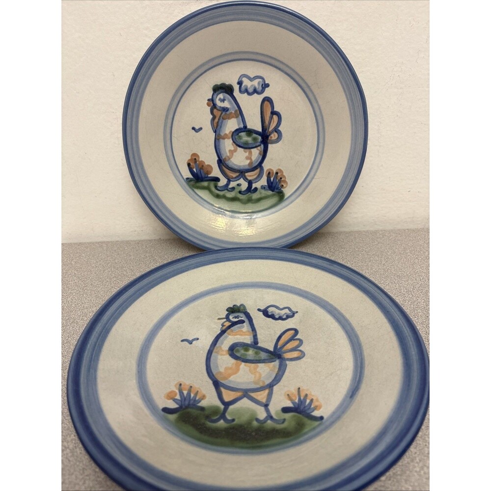 MA Hadley Chicken Stoneware Lot Of 2 Hand Painted Plate 9”Luncheon Pottery